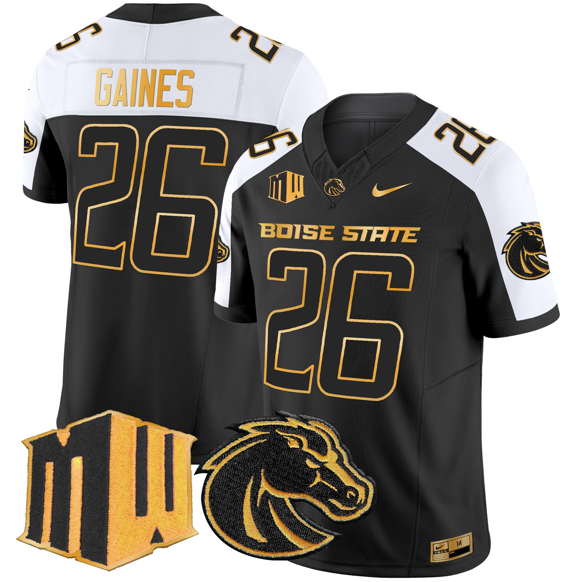Men Boise State Broncos #26 Gaines Black Nike 2024 Gold Vapor Limited NCAA Jersey style 2
